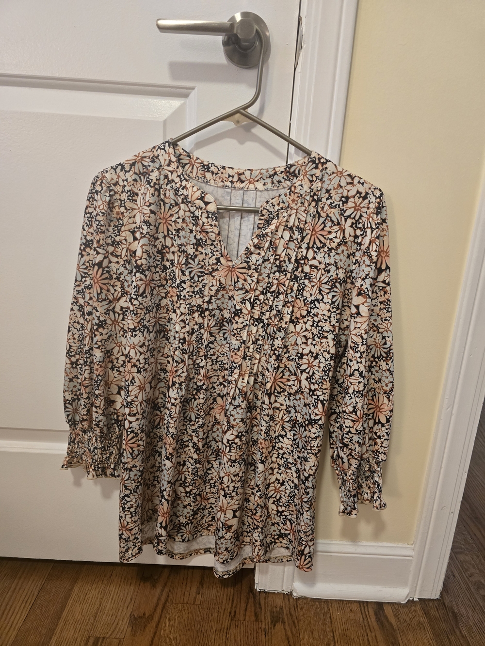 Floral V-Neck Peasant Blouse in Peach and Black